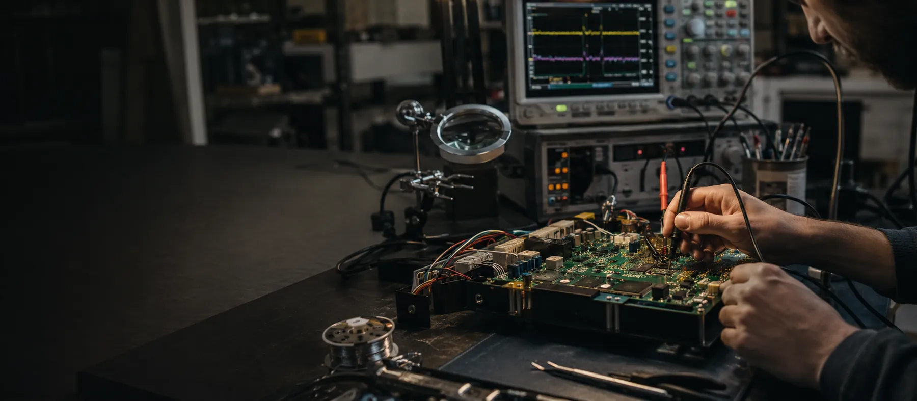 A prototype circuit board under test on the bench
