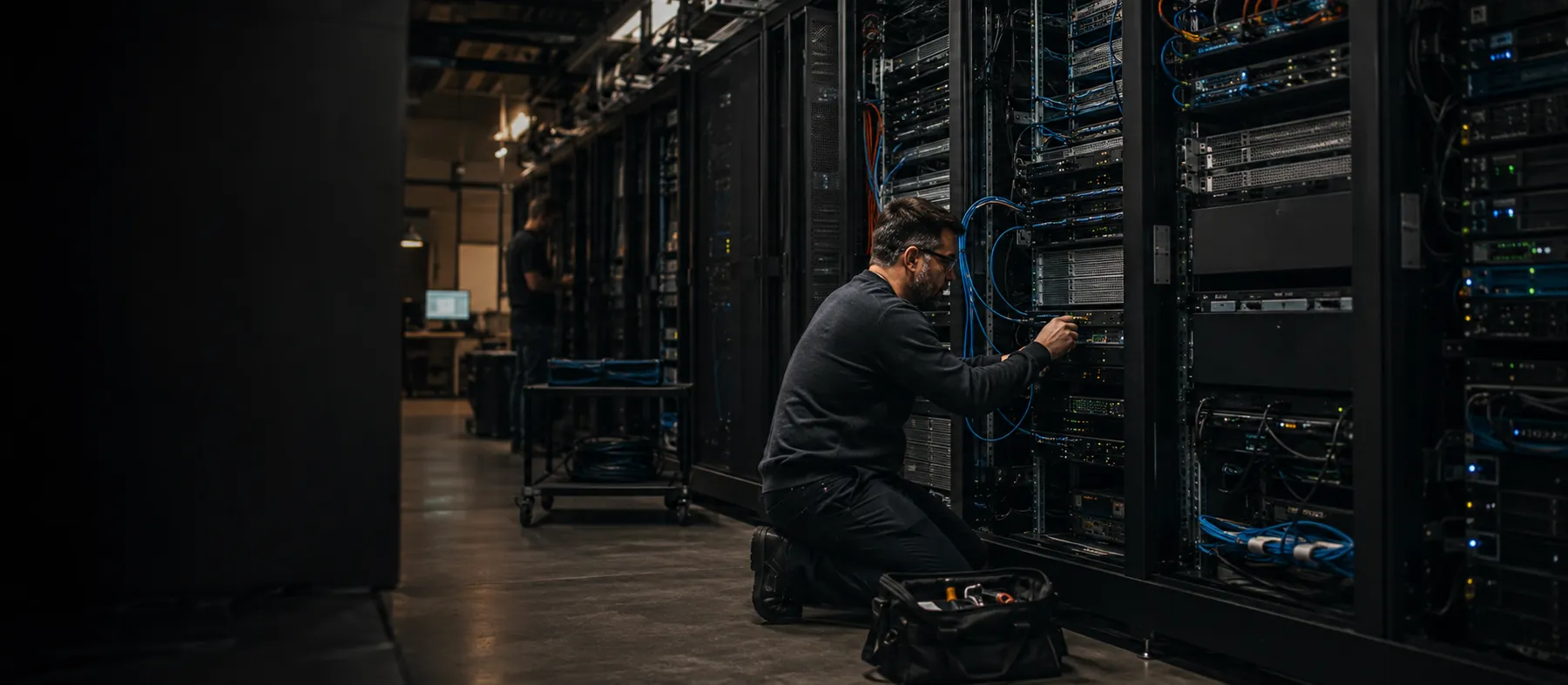 An engineer working on a server rack, routing cabling
