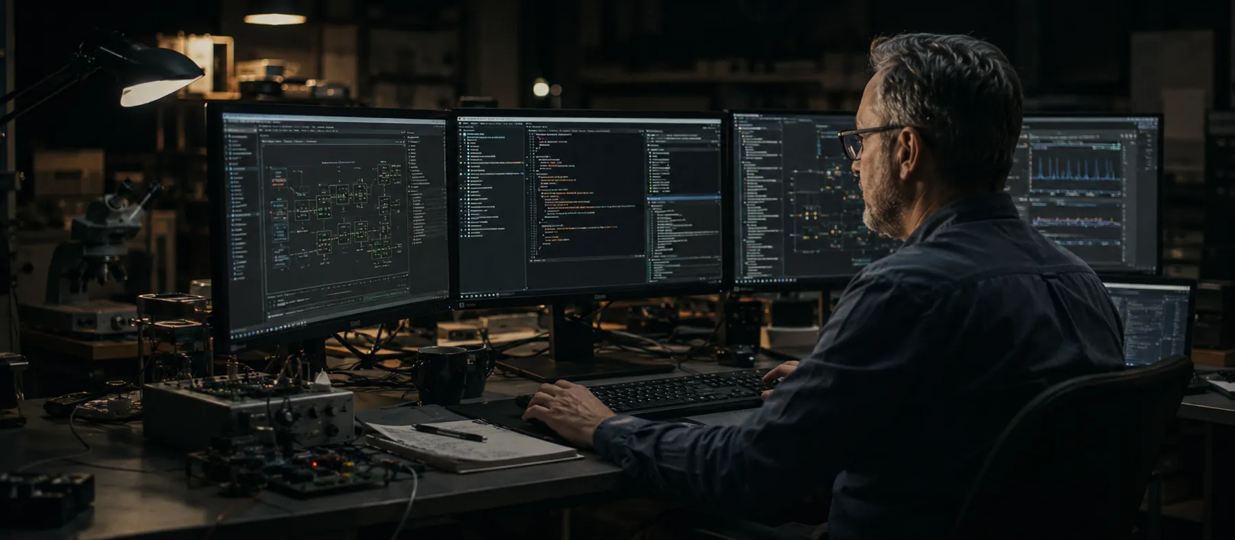 A senior engineer at a multi-monitor workstation with code and system diagrams