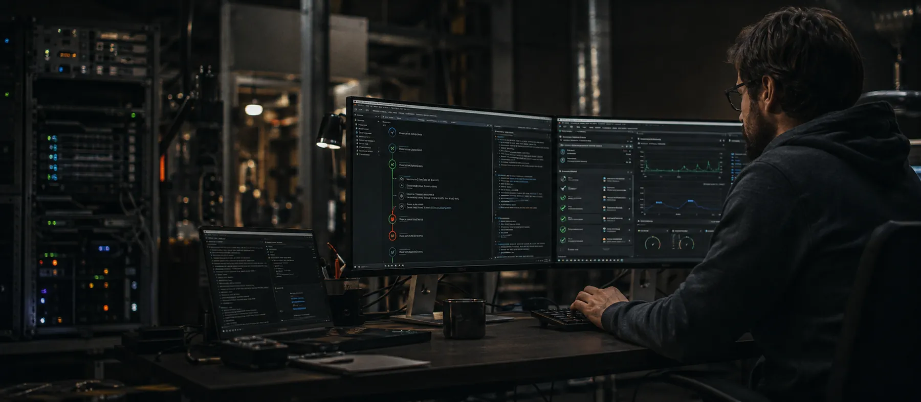 A workstation showing a CI pipeline with pass and fail results and dashboards